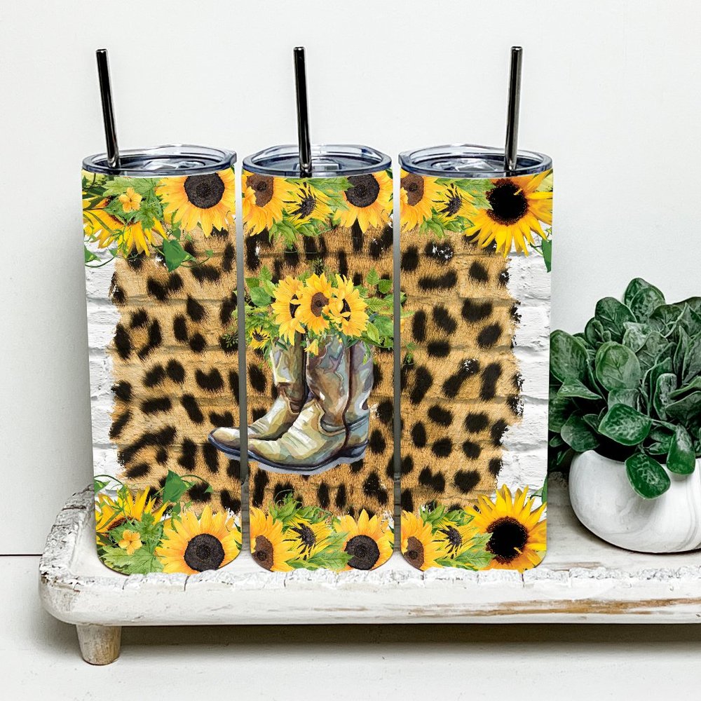 Sunflower Cowgirl Boots Leopard 20oz Tumbler With Metal Straw